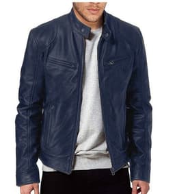 image-Men's Leather Motorcycle Jacket Stand-Up Collar