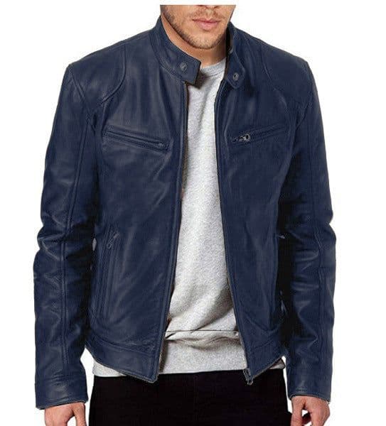 image-Men's Leather Motorcycle Jacket Stand-Up Collar