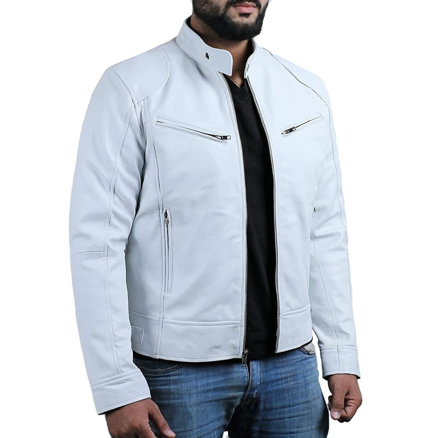 image-Men's Leather Motorcycle Jacket Stand-Up Collar