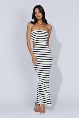 image-Khaki Striped Tube Top Long Dress - Backless High Waist