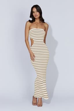 image-Khaki Striped Tube Top Long Dress - Backless High Waist