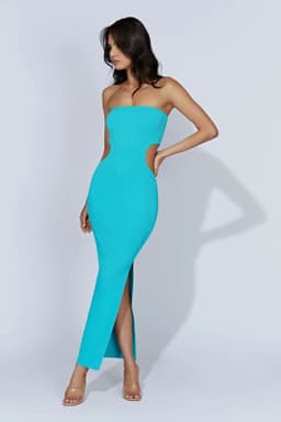 image-Khaki Striped Tube Top Long Dress - Backless High Waist