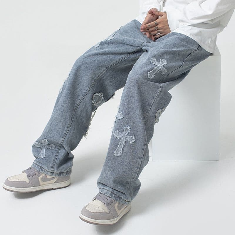 image-Guochao Straight Leg Jeans Men's 3XL Blue