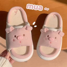 image-Piggy Girl Pink Linen Slippers Women Anti-Slip