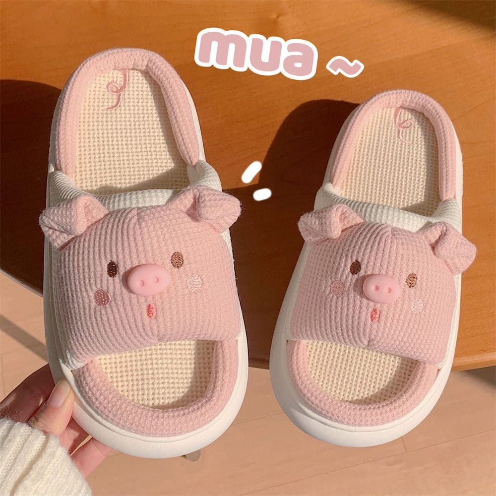image-Piggy Girl Pink Linen Slippers Women Anti-Slip