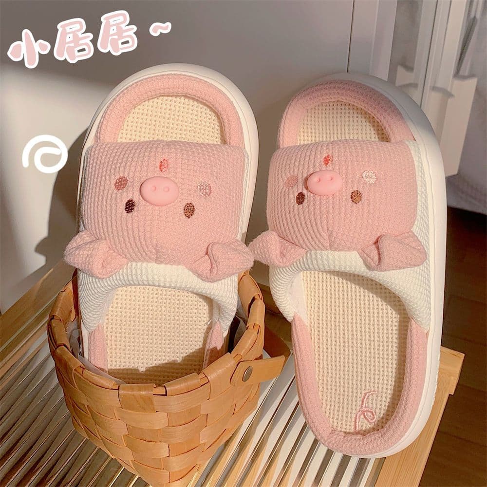 image-Piggy Girl Pink Linen Slippers Women Anti-Slip