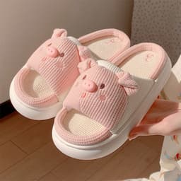 image-Piggy Girl Pink Linen Slippers Women Anti-Slip
