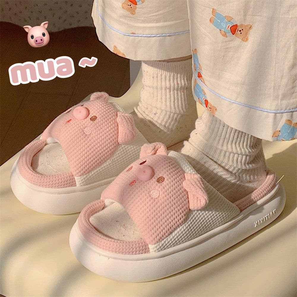 image-Piggy Girl Pink Linen Slippers Women Anti-Slip