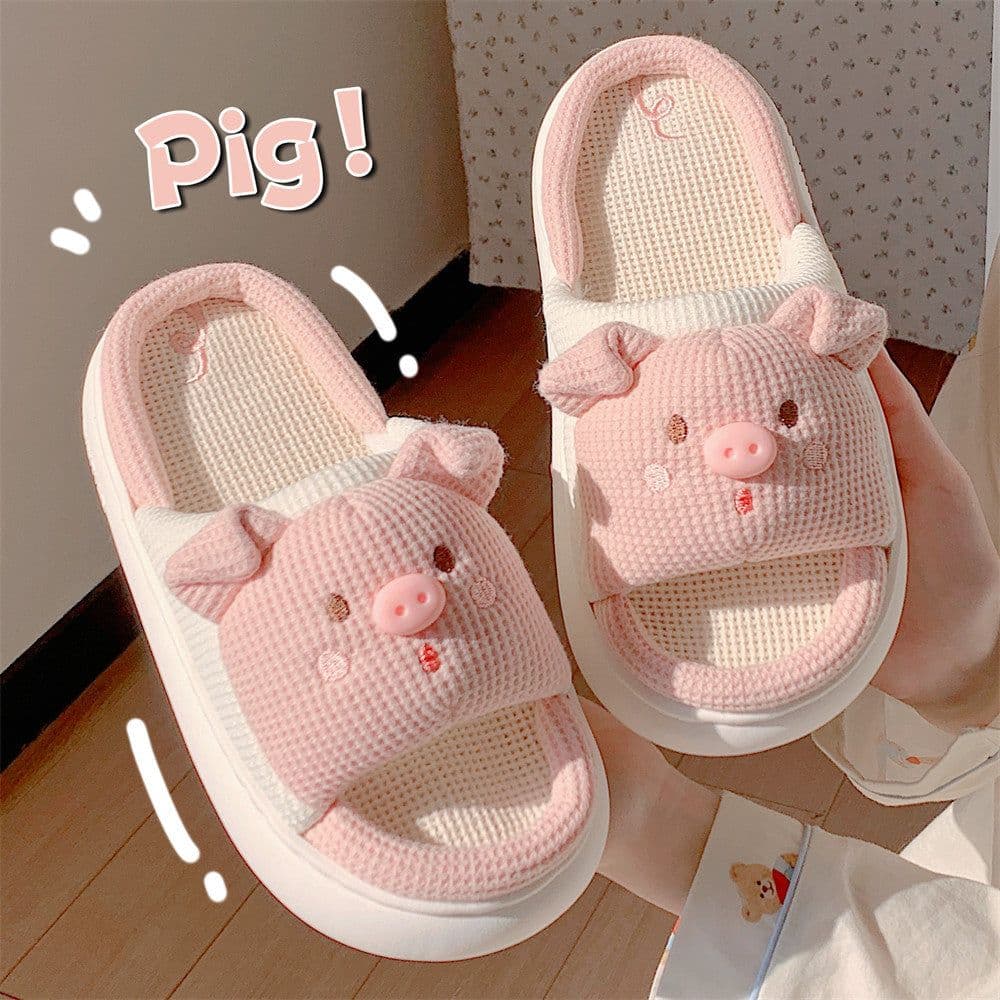 image-Piggy Girl Pink Linen Slippers Women Anti-Slip