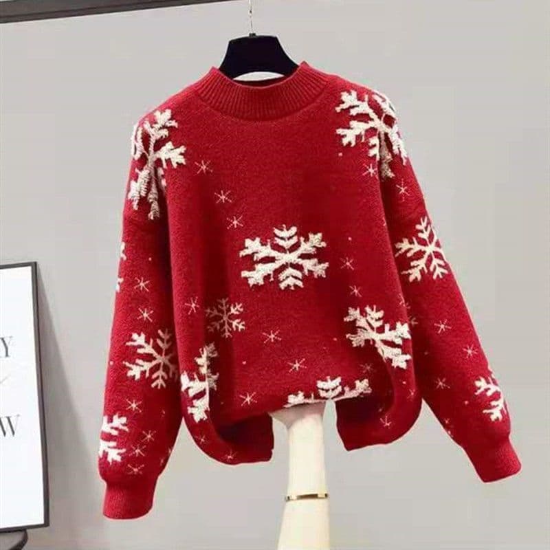 image-Snowflake Embroidered Round Neck Long Sleeve Sweater