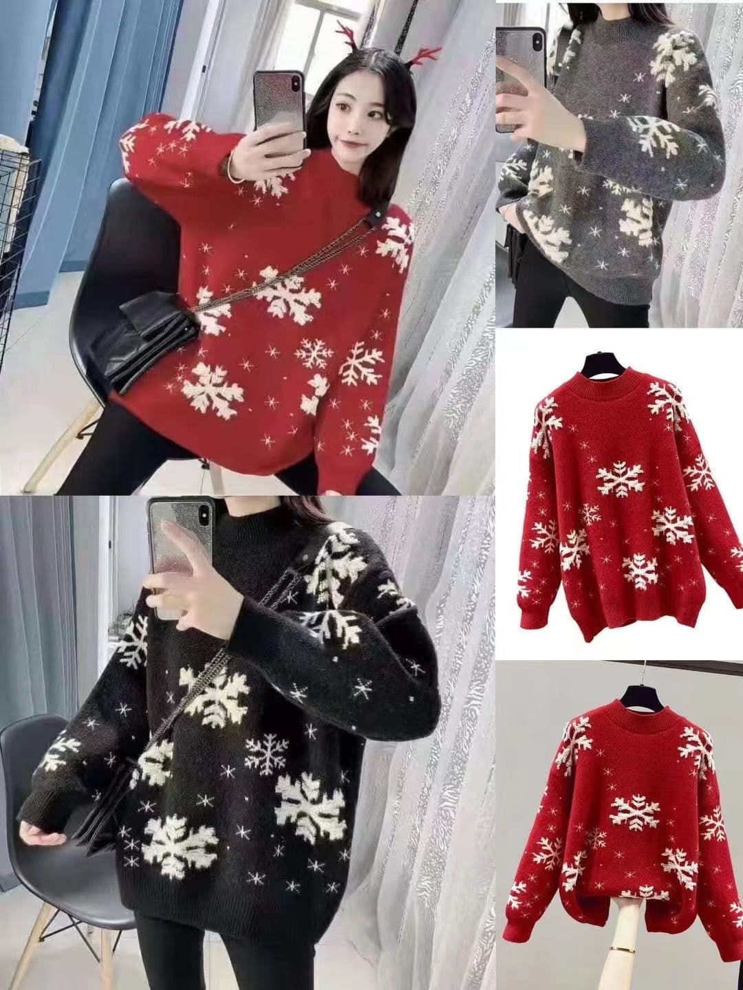 image-Snowflake Embroidered Round Neck Long Sleeve Sweater