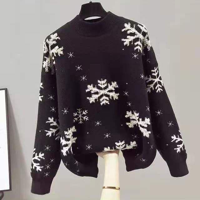 image-Snowflake Embroidered Round Neck Long Sleeve Sweater