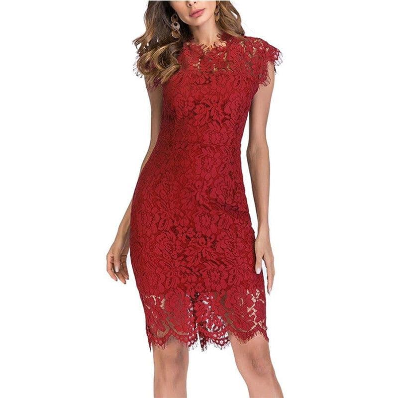 image-Women's Solid Color Lace Midi Dress Black XXL