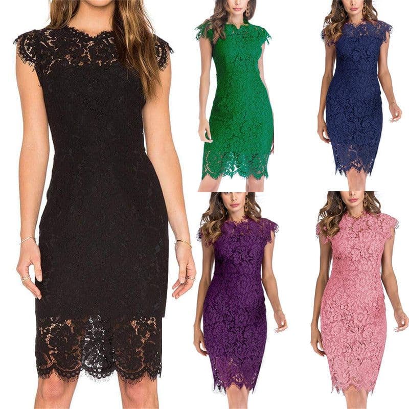 image-Women's Solid Color Lace Midi Dress Black XXL
