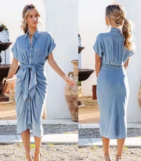 image-Women's Denim Dress with Lace-Up Waist, Short Sleeves