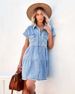 image-Denim Blue Short-Sleeve Midi Dress XL