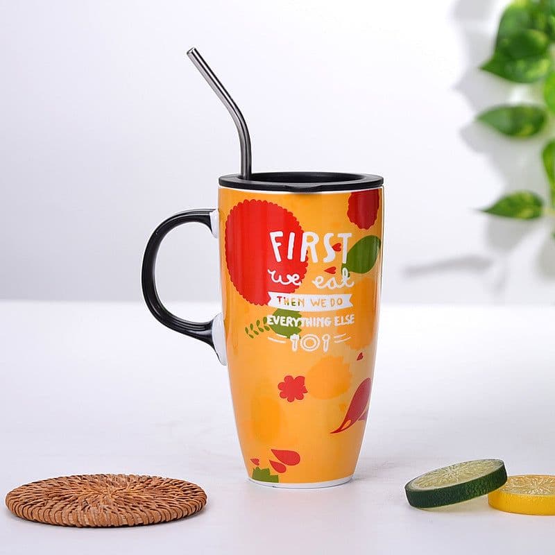 image-Cute Cat Ceramic Mug With Lid And Spoon Large Capacity Coffee Cup