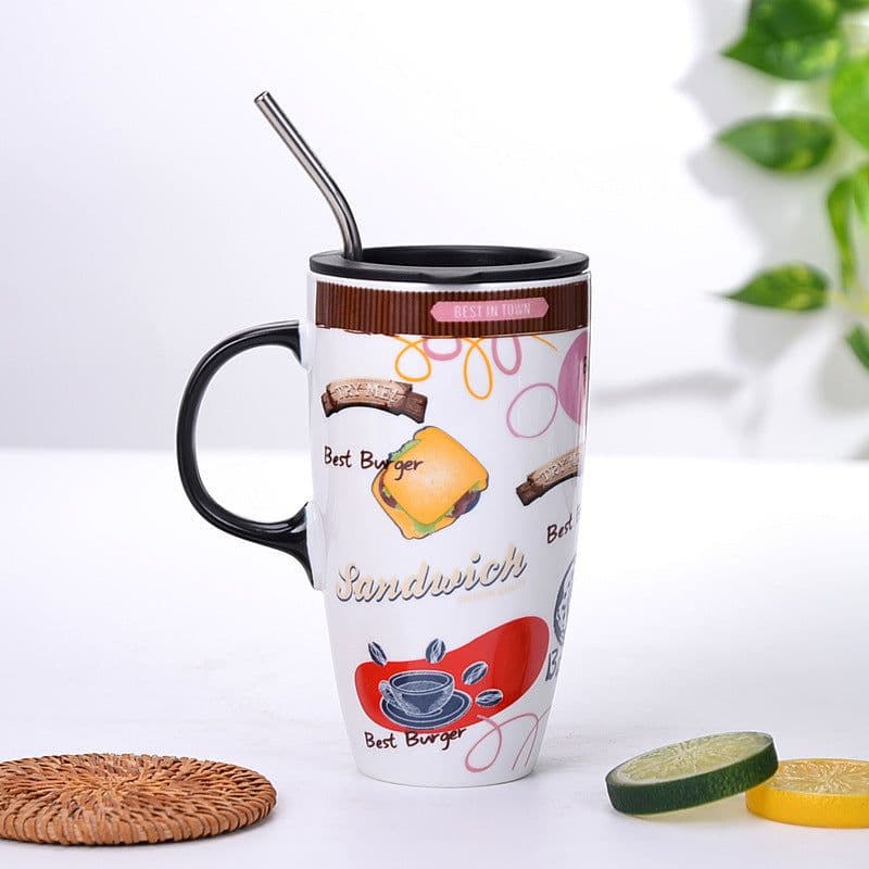 image-Cute Cat Ceramic Mug With Lid And Spoon Large Capacity Coffee Cup