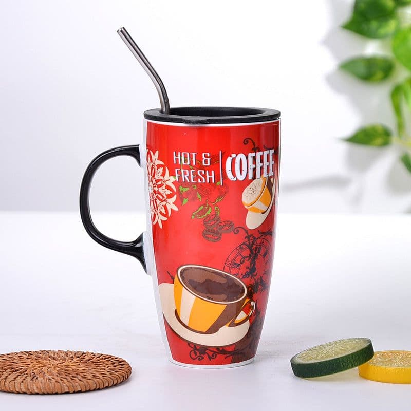 image-Cute Cat Ceramic Mug With Lid And Spoon Large Capacity Coffee Cup