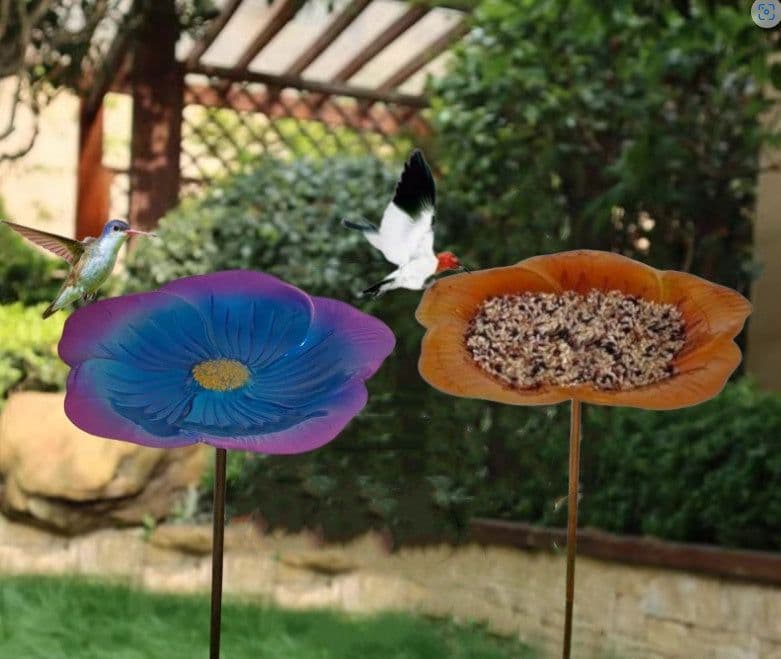 image-Ground Metal Flower With Sheep Hook Bird Feeder