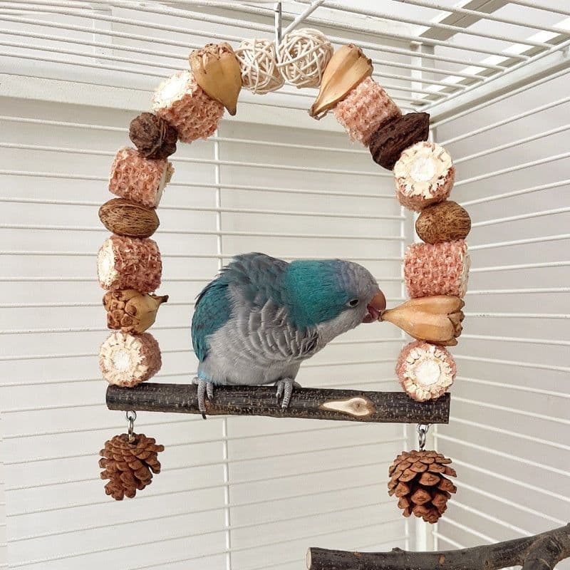 image-Wooden Parrot Swing Natural Log Bird Stand Pole Perched Wooden Mountain Parrot Toys