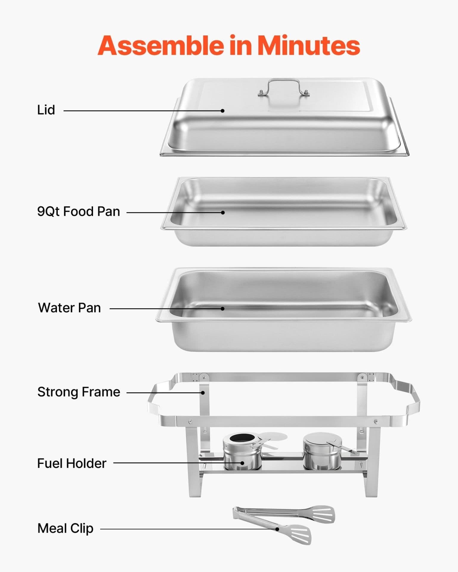 image-VEVOR 9 Qt Stainless Steel Chafing Dish Set - 4 Pack