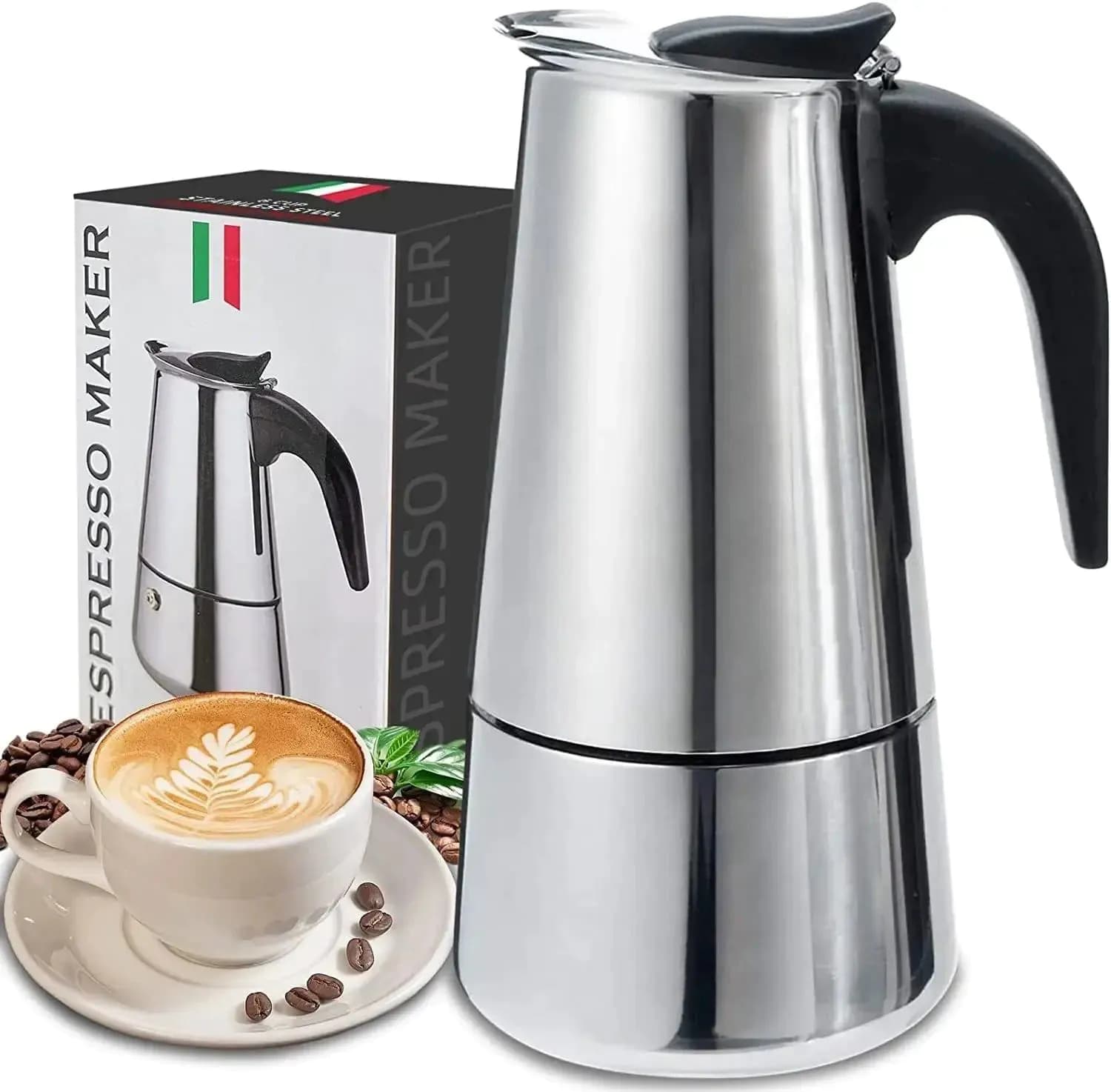 image-Stainless Steel Moka Pot Coffee Maker 9 Cups