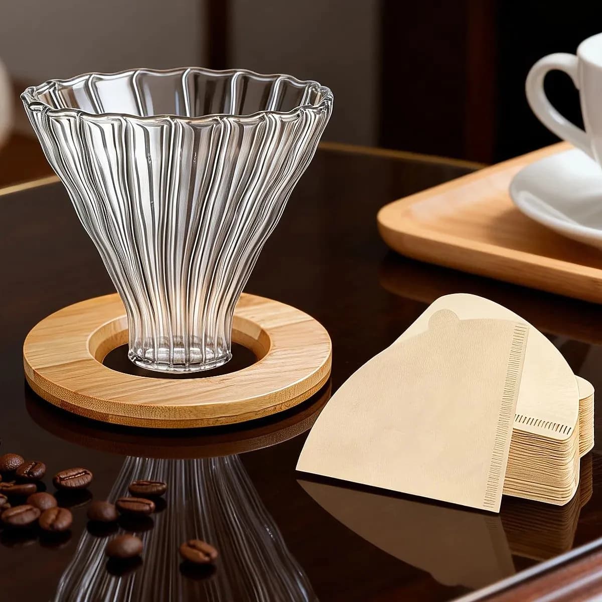 image-Glass Pour Over Coffee Dripper with Bamboo Stand