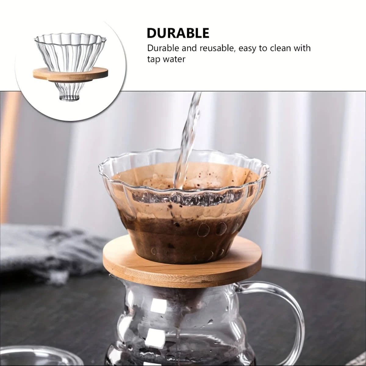 image-Glass Pour Over Coffee Dripper with Bamboo Stand