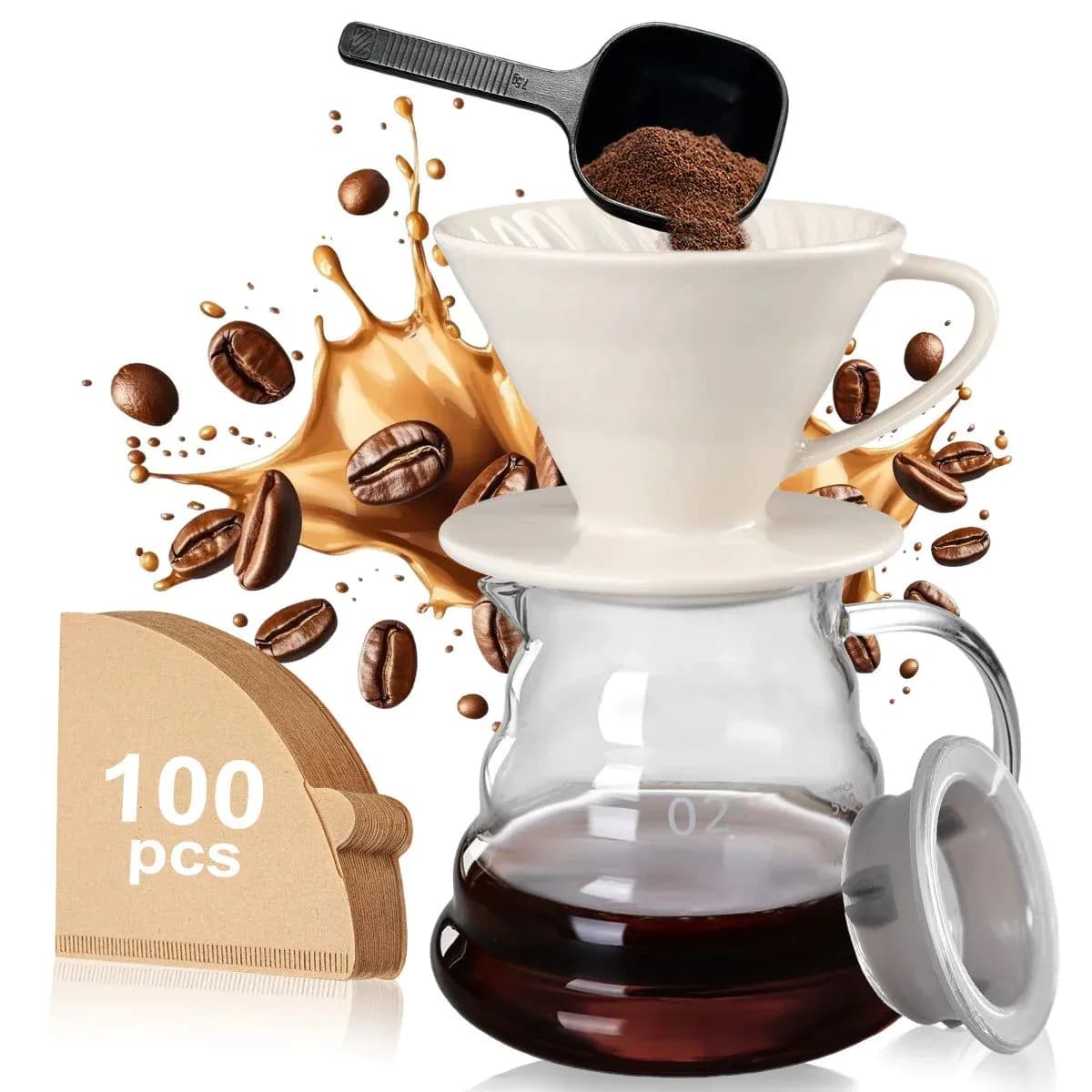 image-Pour Over Coffee Maker Set with Glass Pot & Dripper