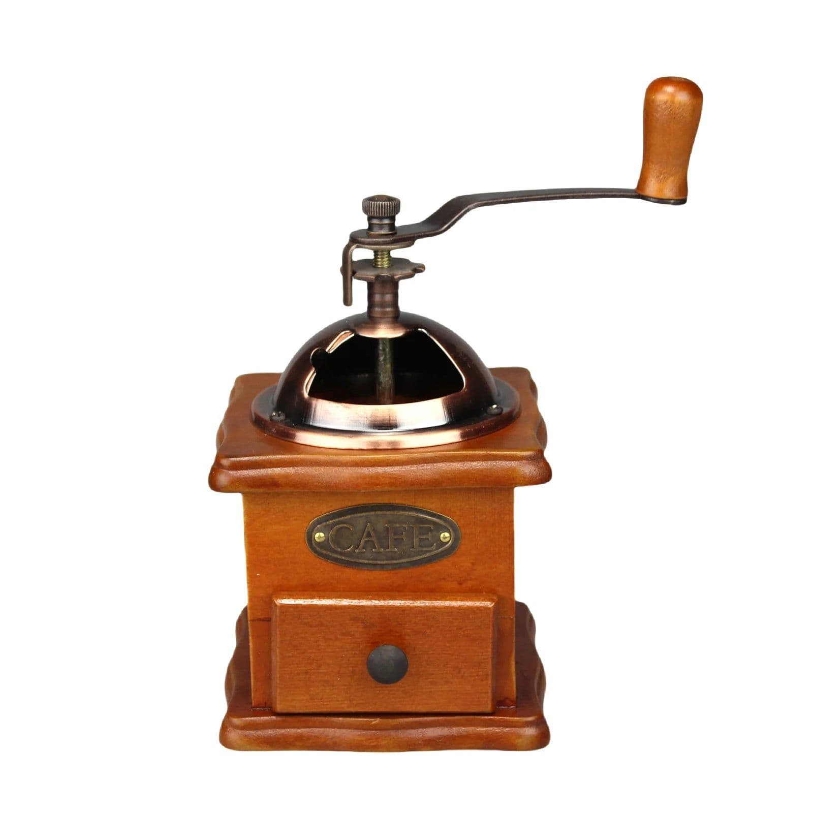 image-Antique Manual Coffee Grinder Hand Crank Wooden Burr