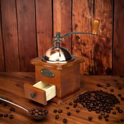 image-Antique Manual Coffee Grinder Hand Crank Wooden Burr