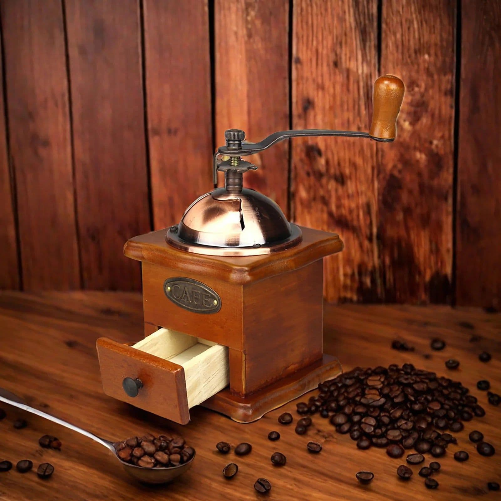 image-Antique Manual Coffee Grinder Hand Crank Wooden Burr