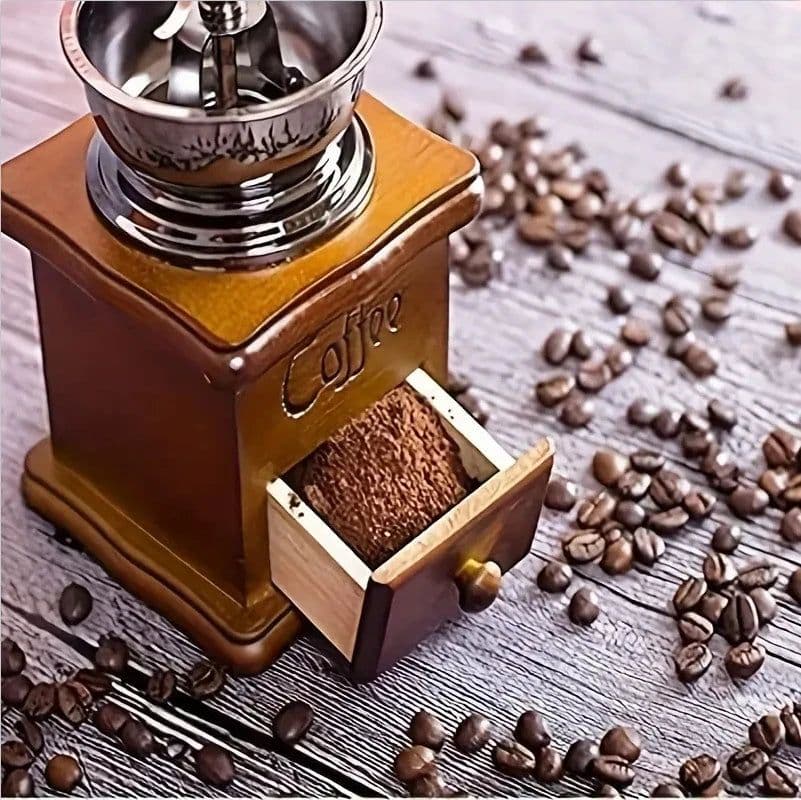 image-Manual Coffee Grinder - Vintage Wooden Hand Crank Mill