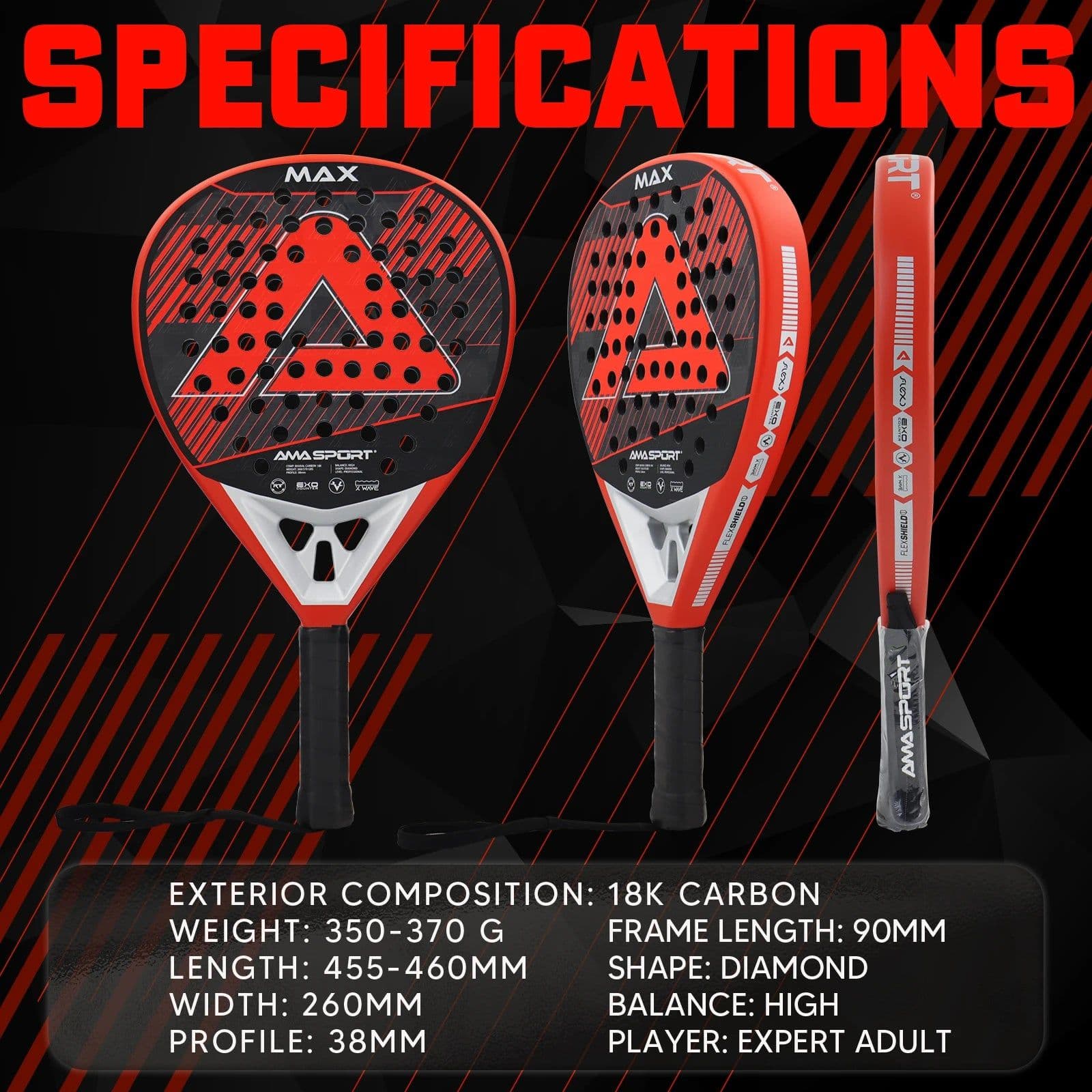 image-AMA SPORT P101 18K Carbon Fiber Padel Racket