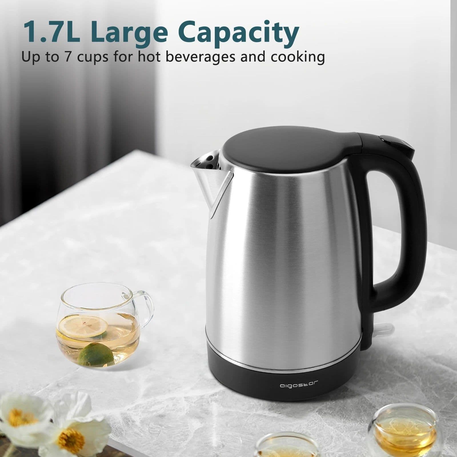 image-Aigostar Stainless Steel Portable Kettle 1.7L 2200W