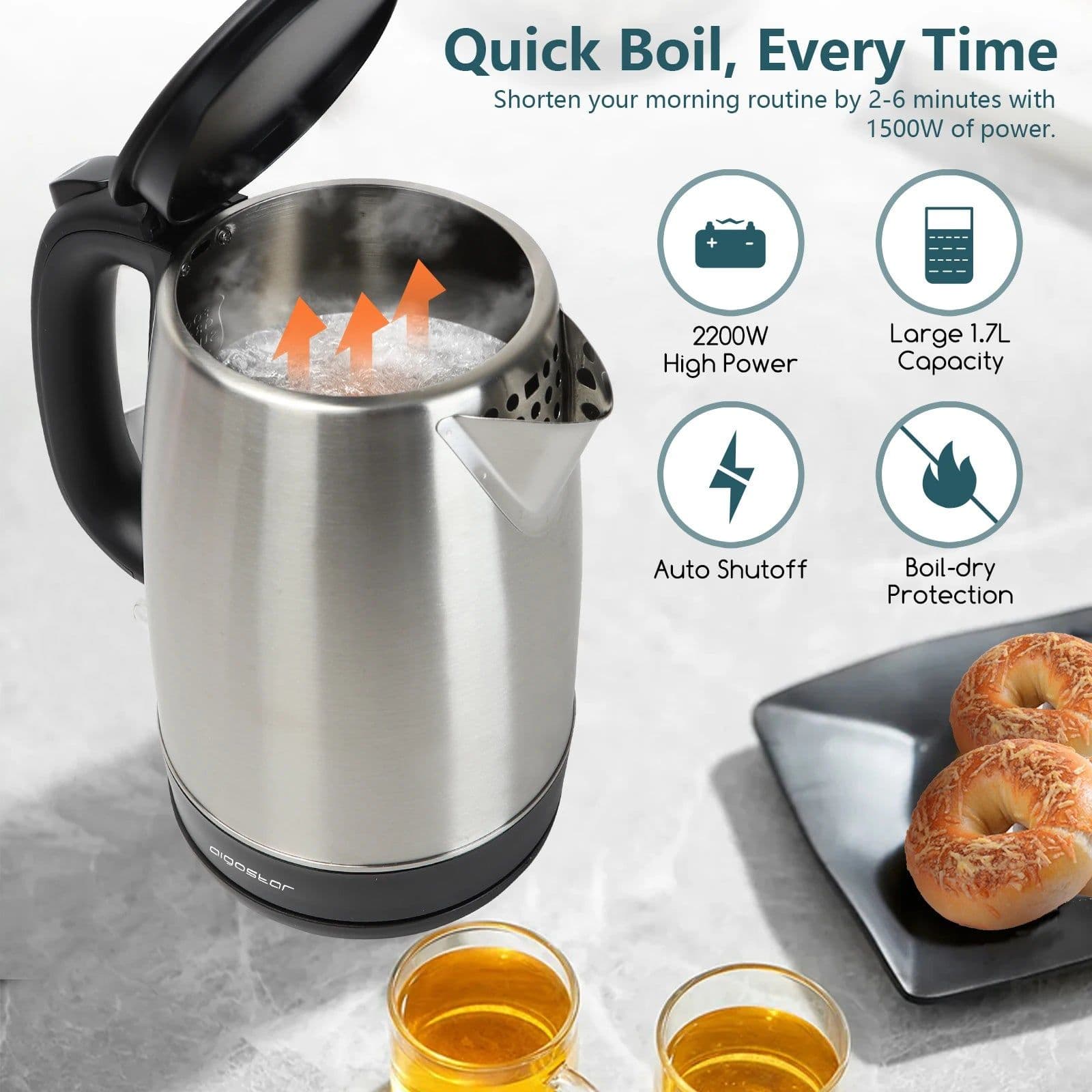 image-Aigostar Stainless Steel Portable Kettle 1.7L 2200W