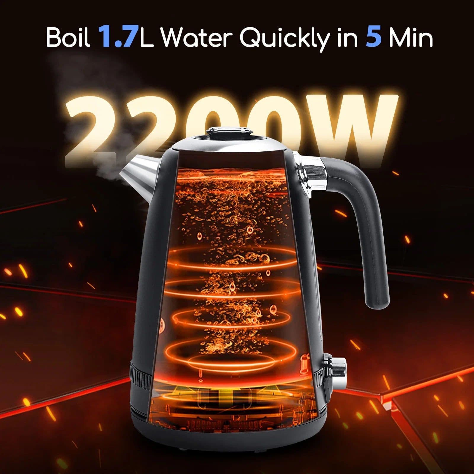 image-Aigostar 1.7L Electric Kettle 2200W Stainless Steel