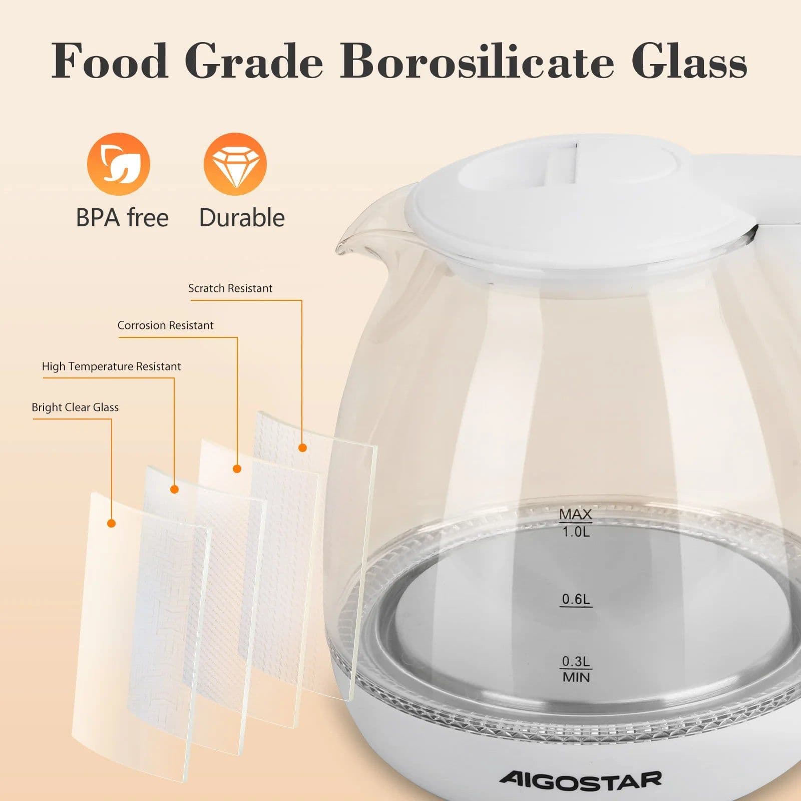 image-Aigostar Cordless Kettle Stainless Steel 1L 2200W