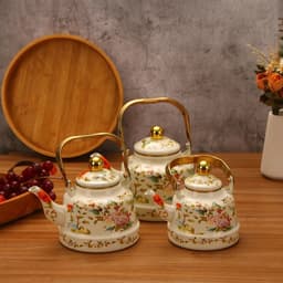 image-Metal Tea Kettle with Gold Handle, Enamel Finished