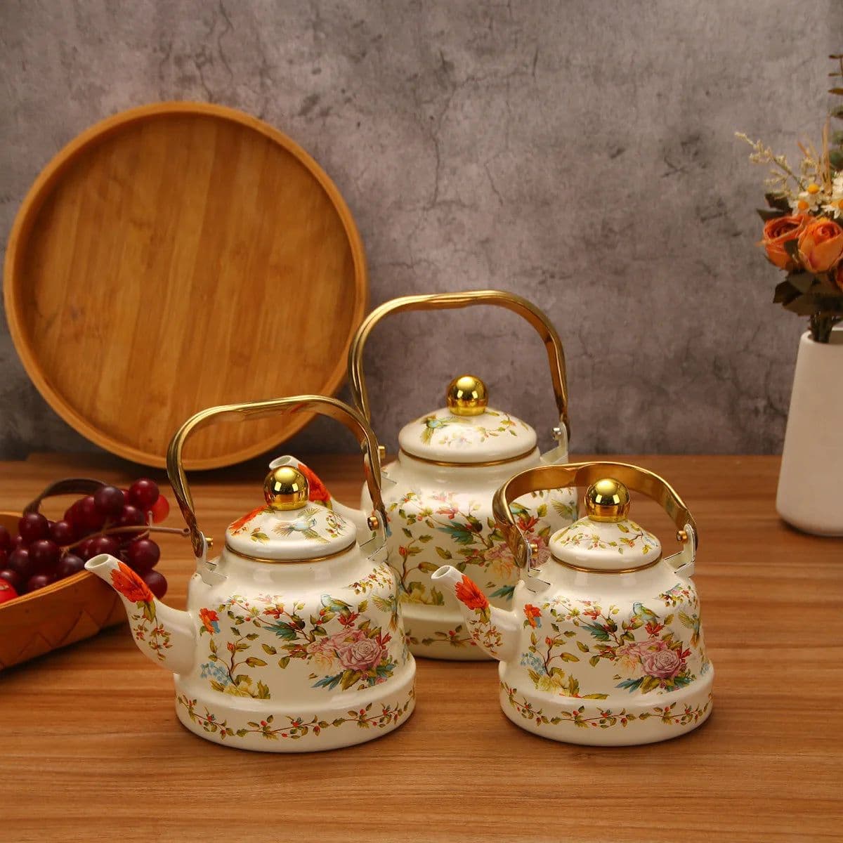 image-Metal Tea Kettle with Gold Handle, Enamel Finished