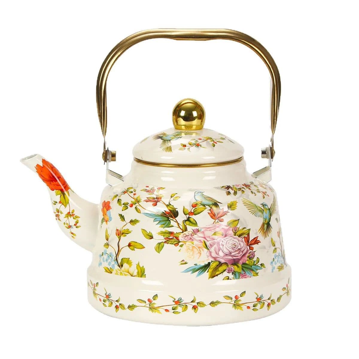 image-Metal Tea Kettle with Gold Handle, Enamel Finished