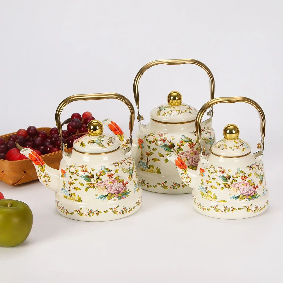 image-Metal Tea Kettle with Gold Handle, Enamel Finished