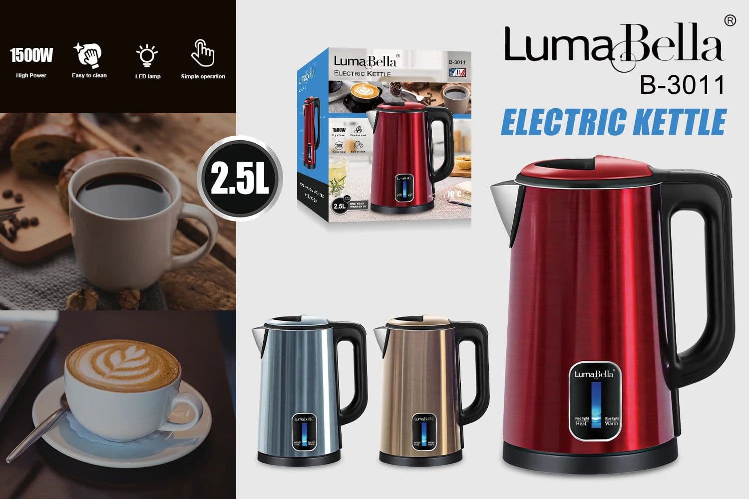 image-Lumabella 2.5L Stainless Steel Electric Kettle