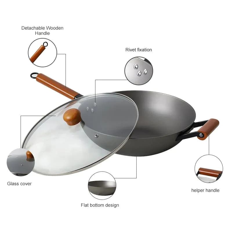 image-Jiahe 32cm Cast Iron Wok Non-Stick with Glass Lid