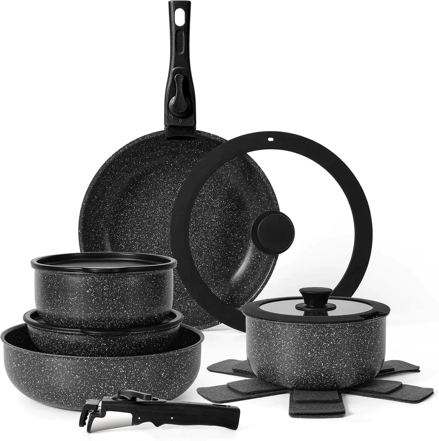 image-Dreeko 15-Piece Nonstick Cookware Set Detachable Handles