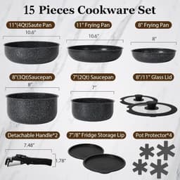 image-Dreeko 15-Piece Nonstick Cookware Set Detachable Handles