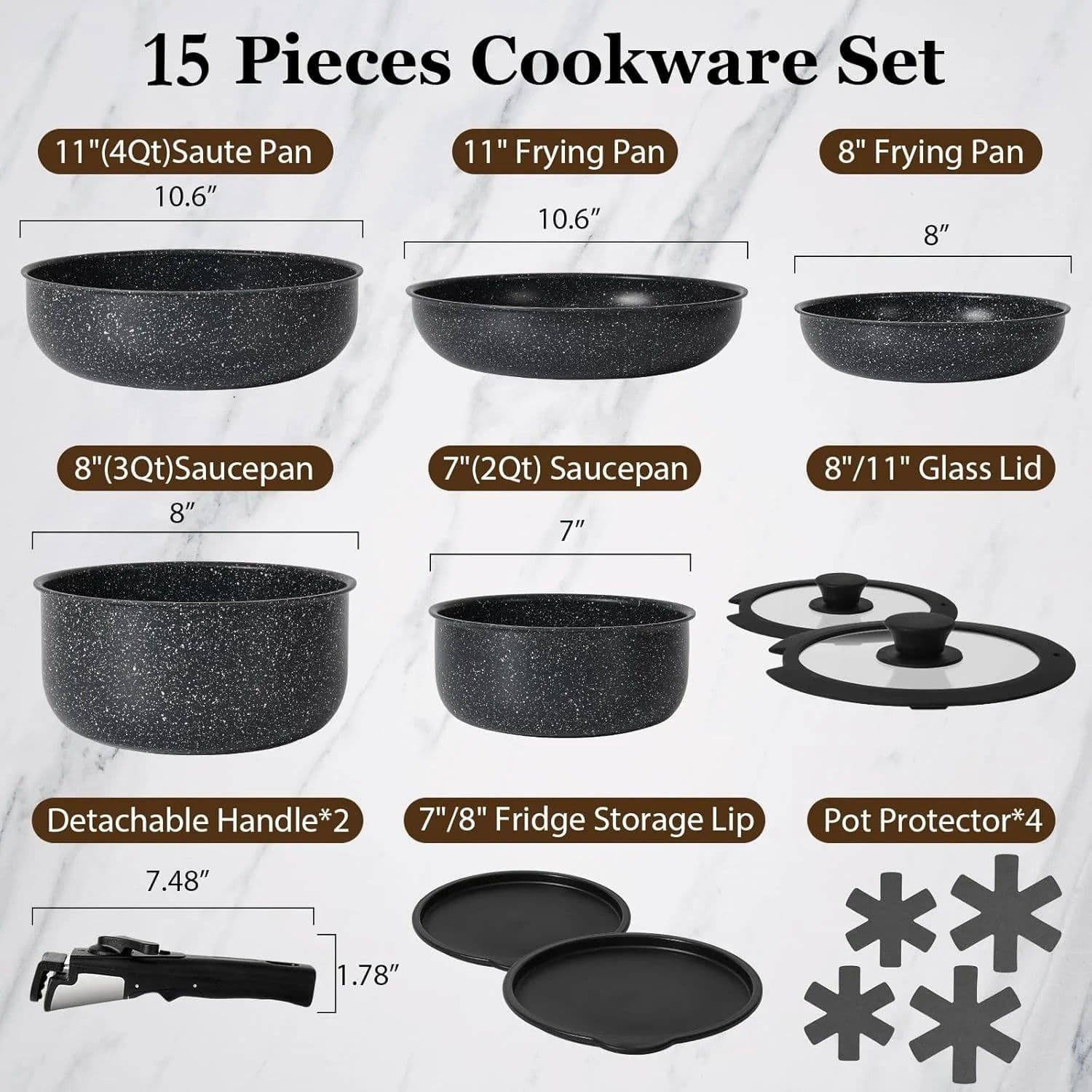 image-Dreeko 15-Piece Nonstick Cookware Set Detachable Handles