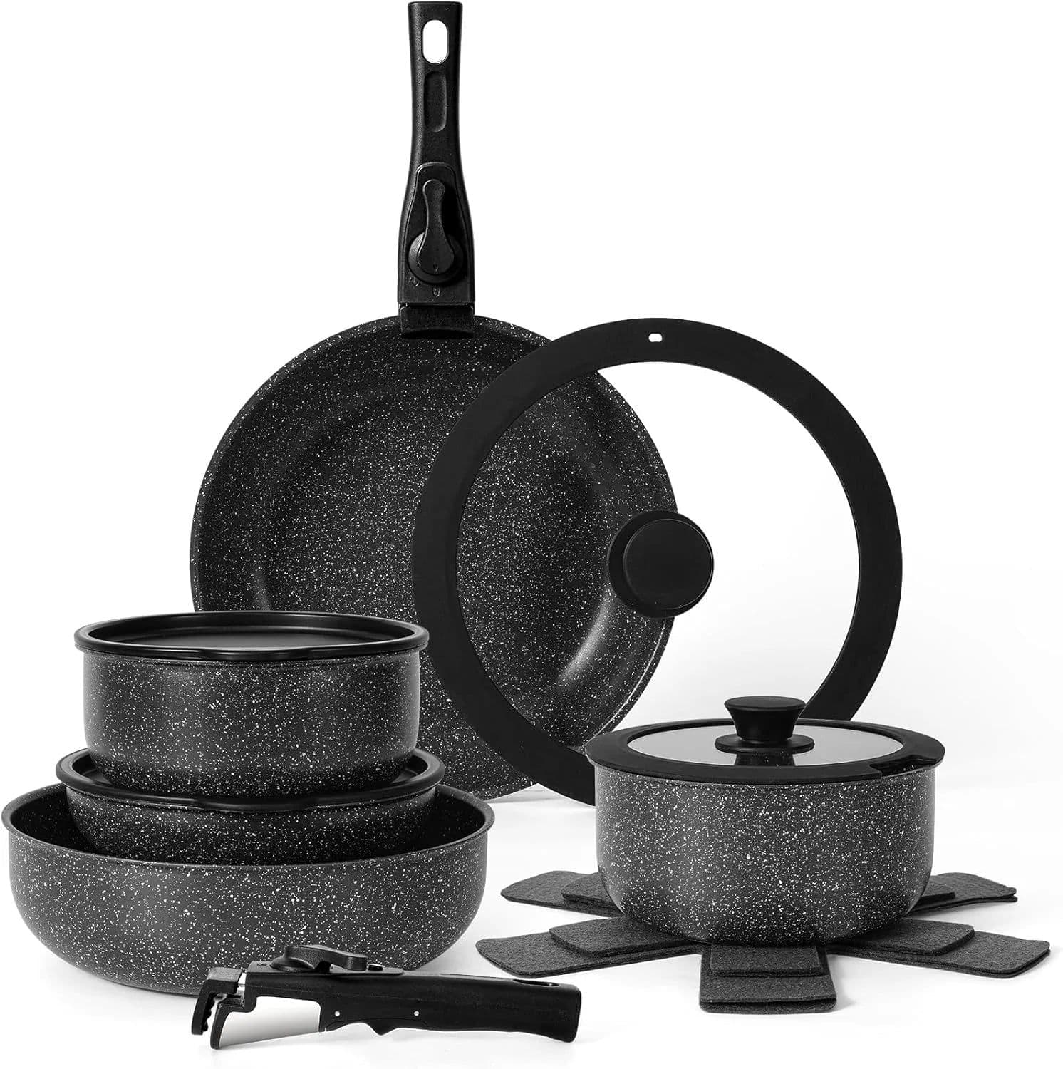 image-Dreeko 15-Piece Nonstick Cookware Set Detachable Handles
