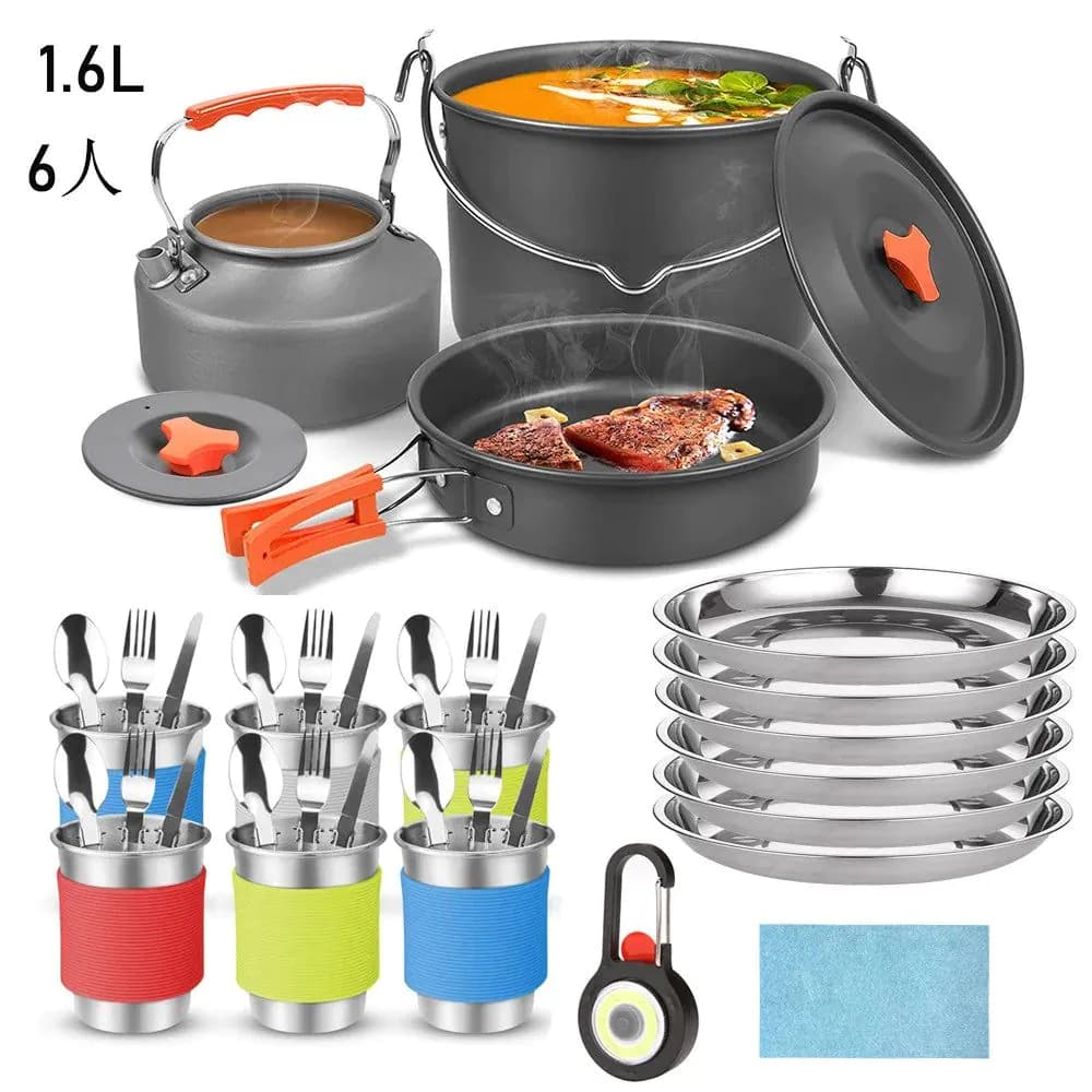 image-Aluminum Camping Cookware Set with Frying Pan & Kettle
